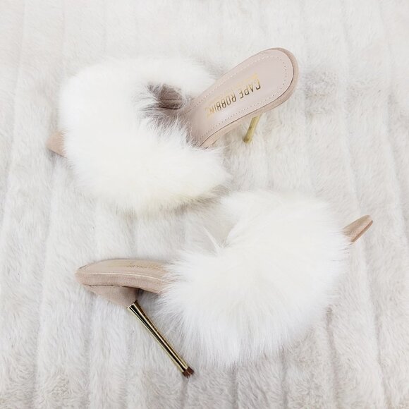 Furry Pointy Toe Slip On Gold Tone Slim Heels Nude - Picture 3 of 11